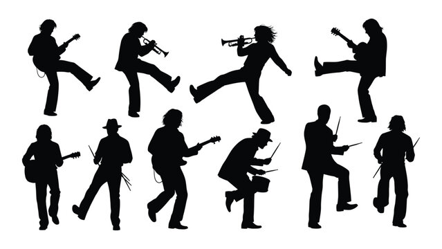 Musicians silhouettes playing instruments isolated on white background, Vector