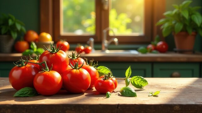 Sunlit Ripe Tomatoes on Rustic Wooden Table in a Home Kitchen - Powered by Adobe