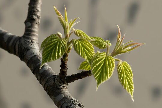 New spring leaves emerging from tree branch close-up - Powered by Adobe