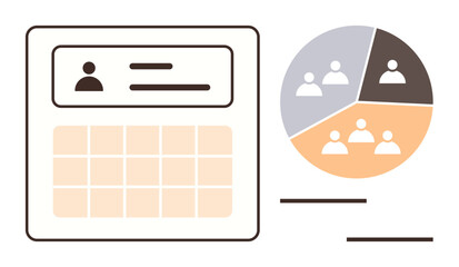 Dashboard with user profile section and calendar grid next to pie chart showing team segmentation. Ideal for team management, workflow organization, analytics, data presentation, planning