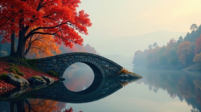 Serene Autumnal Landscape Featuring a Stone Arch Bridge Reflecting in Still Water Under a Vibrant Maple Tree