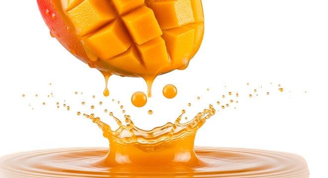 Diced Mango Splashing Juice isolated on transparent background - Tropical Freshness