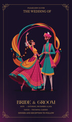 Colorful Indian Wedding Couple Illustration,  Modern Traditional Dance Artwork , Indian Bride and Groom Vector 
