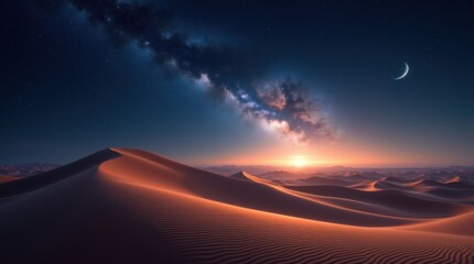 Surreal desert landscape under a glowing milky way and crescent moon