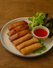 Golden fried spring rolls and fried sausages served with lettuce and sweet chili dipping sauce, ready to eat