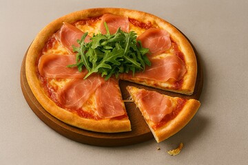 Wood-fired pizza topped with prosciutto and arugula, one slice slightly separated on a wooden serving board