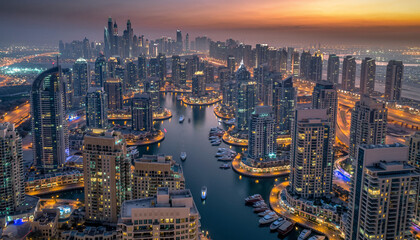 Obraz premium Dubai Marina at Night Illuminated Skyscrapers and Waterways.