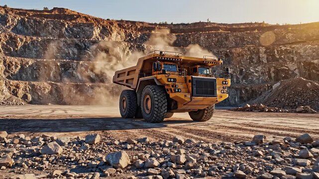 Massive yellow mining dump truck hauls material in a large open-pit mine under the bright sun