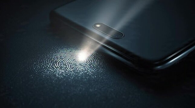 Closeup biometric fingerprint scanning on smartphone sensor with glowing patterns