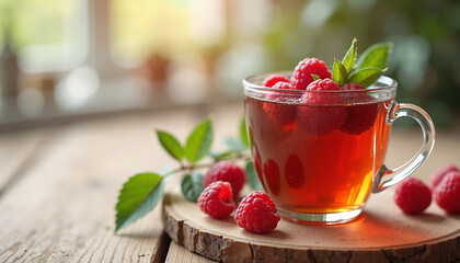 Fresh raspberry tea in clear cup with mint on wooden table  