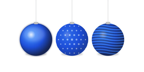 Festive Blue Baubles: A Trio of Christmas Ornaments with Varied Designs, Isolated on Transparent Background