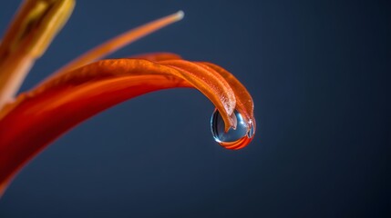Macro close-up of an orange flower petal with a glistening water droplet, vibrant against a blurred background.
