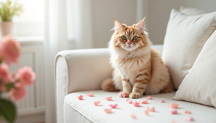 Orange cat sitting on a couch surrounded by flower petals indoors  
