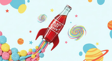 Colorful rocket-shaped soda bottle launching with sweet candy trail