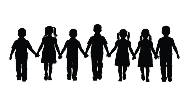 Children holding hands silhouette isolated on white background, Vector