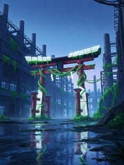 A breathtaking vertical portrait (3:4) anime illustration in a solarpunk style, depicting a serene abandoned industrial complex during the blue hour. Heavy rain streaks down, creating shimmering refle