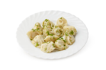 Steamed dumplings with herbs served on a white plate