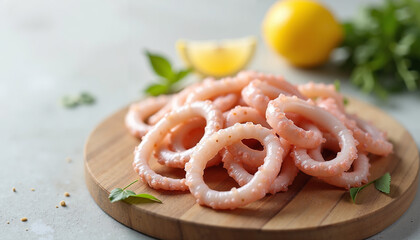 Raw calamari rings on wooden board with lemon and herbs  