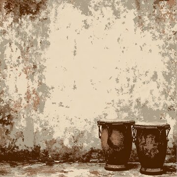 Two bongo drums are positioned in front of a textured wall with an abstract pattern and earthy color palette.
