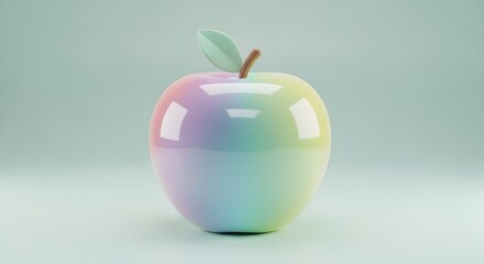 Rainbow colored apple with glossy surface and leaf on pastel background