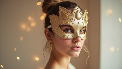 Young woman wearing golden mask and earrings against festive background  