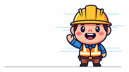 A cheerful and cute cartoon construction worker character wearing a safety helmet and vest, waving a friendly hello on a job site