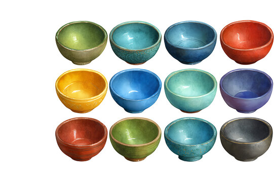 A vibrant collection of twelve small colorful ceramic bowls arranged in neat rows.
