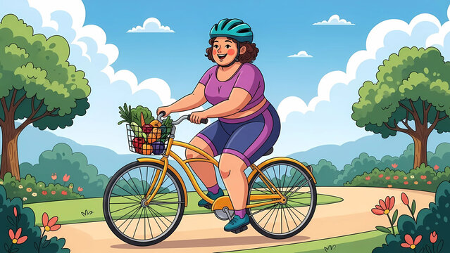 Happy plus-size woman enjoying a scenic bike ride in the park with a basket of fresh groceries, embracing a healthy and active lifestyle - Powered by Adobe