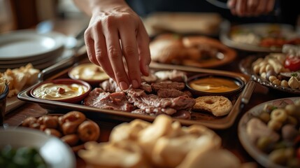 Hand reaching for carved roasted meat at a festive family dinner table
