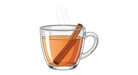 Illustration of a glass mug filled with a beverage and a cinnamon stick.