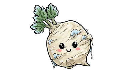 Cute cartoon celeriac with a happy face and green leaves, depicted with some dirt or ice on a white background.