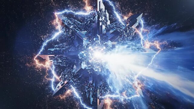 Symmetrical crystalline structure emitting powerful bright blue and orange quantum energy bursts in a complex geometric pattern engineering, digital effect, formation