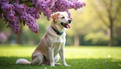 Happy Labrador dog sitting on grass under blooming lilac tree  