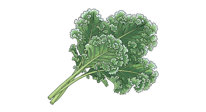 A vibrant illustration of a fresh bunch of green curly kale leaves, ready for cooking or healthy eating.