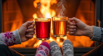 Cozy couple's hands clinking steaming mugs of hot beverages in front of a warm, crackling fireplace, enjoying a peaceful winter evening indoors.