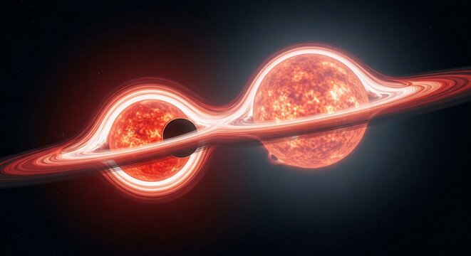 Stunning depiction of binary black hole merger with gravitational lensing, perfect for educational science content and cutting-edge research visuals