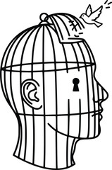Bird of Freedom Escaping from Human Head Cage Illustration Black and White