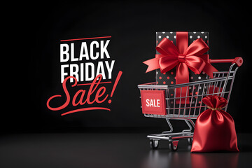 Black friday sale promotion with gift box and red ribbon in a shopping cart on a dark background