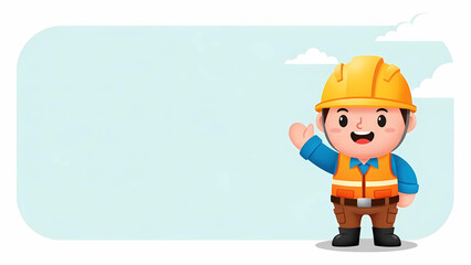 Cute cartoon construction worker character waving next to a blank presentation board for your text or message