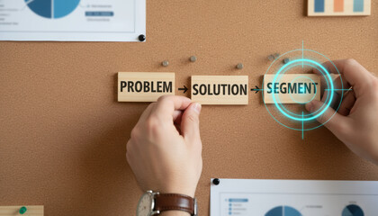 Problem solution segment concept on cork board with business management and digital marketing fit for recruitment market