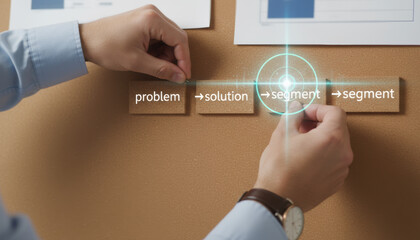 Problem solution segment fit market business recruitment management digital marketing concept on cork board