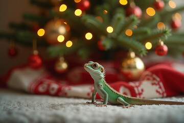 Green lizard posing in front of Christmas tree with ornaments  