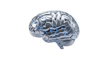 Futuristic metallic brain with glowing blue neural network connections on background mind