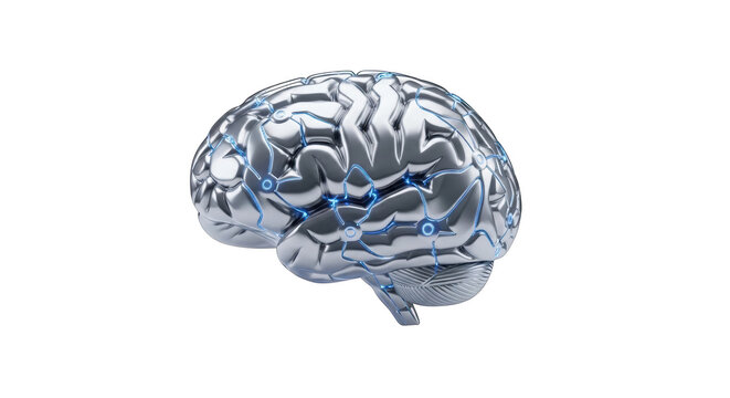 Futuristic metallic brain with glowing blue neural network connections on background mind