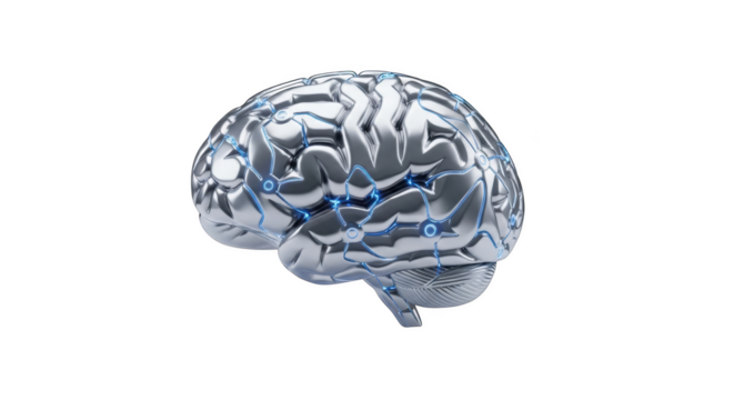Futuristic metallic brain with glowing blue neural network connections on background mind