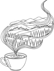 Coffee cup with mountain and forest landscape in steam vector line art