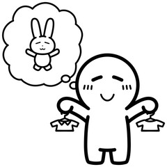 ぬいぐるみに着せる服を選ぶ人物　イラスト