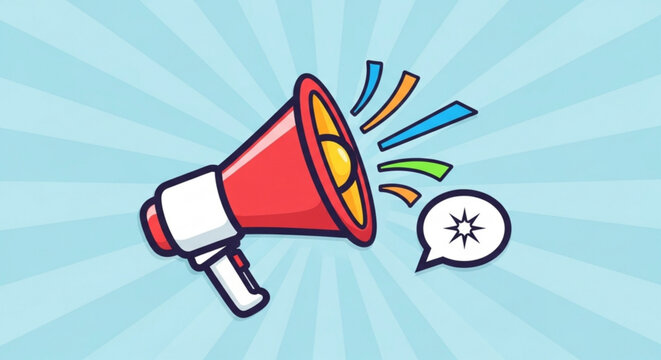 Cartoon illustration of a red and white megaphone making an announcement with colorful sound waves and a speech bubble on a light blue striped background