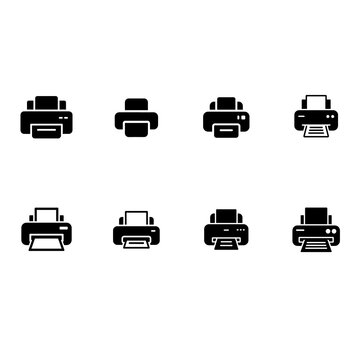Collection of black printer icons, isolated on white background