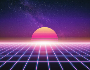 1980s Synthwave Neon Background with Retro Sunset & Laser Grid